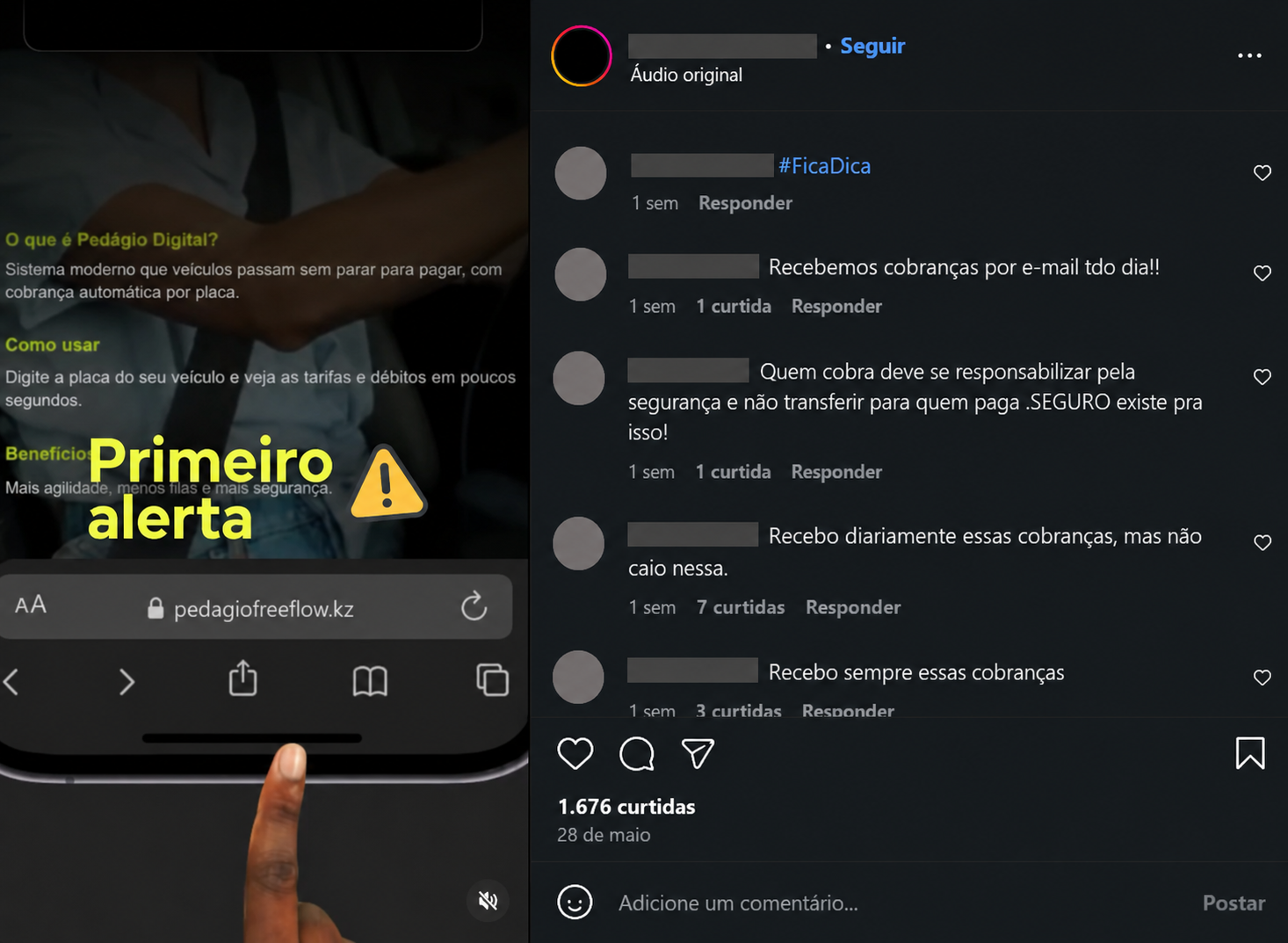 IMAGEM: Print dos comentários de usuários relatando terem caído no golpe ou desconfiando da cobrança